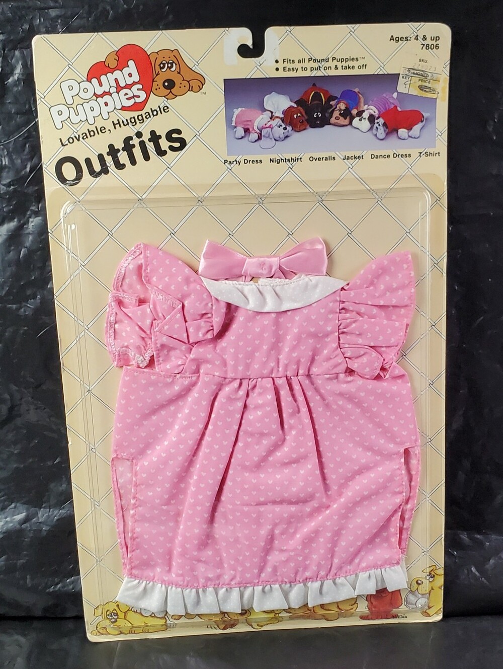Tonka VTG 1985 Pound Puppies Pink Party Dress w/ Bow Hearts Outfit # 7806 - NOS